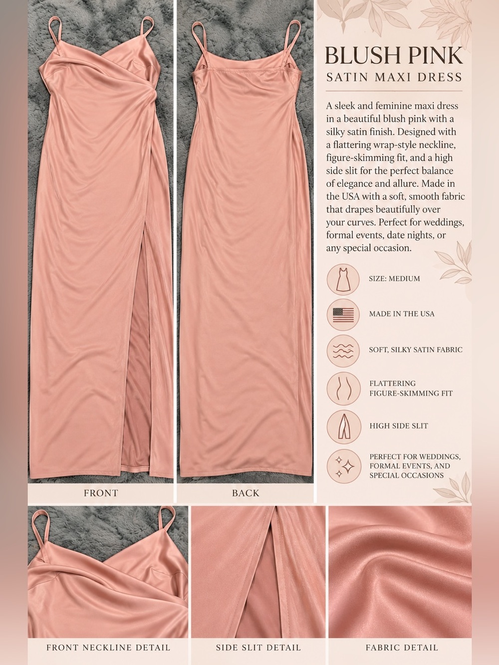 Catherines Blush Pink Satin Maxi Chemise with Side Slit